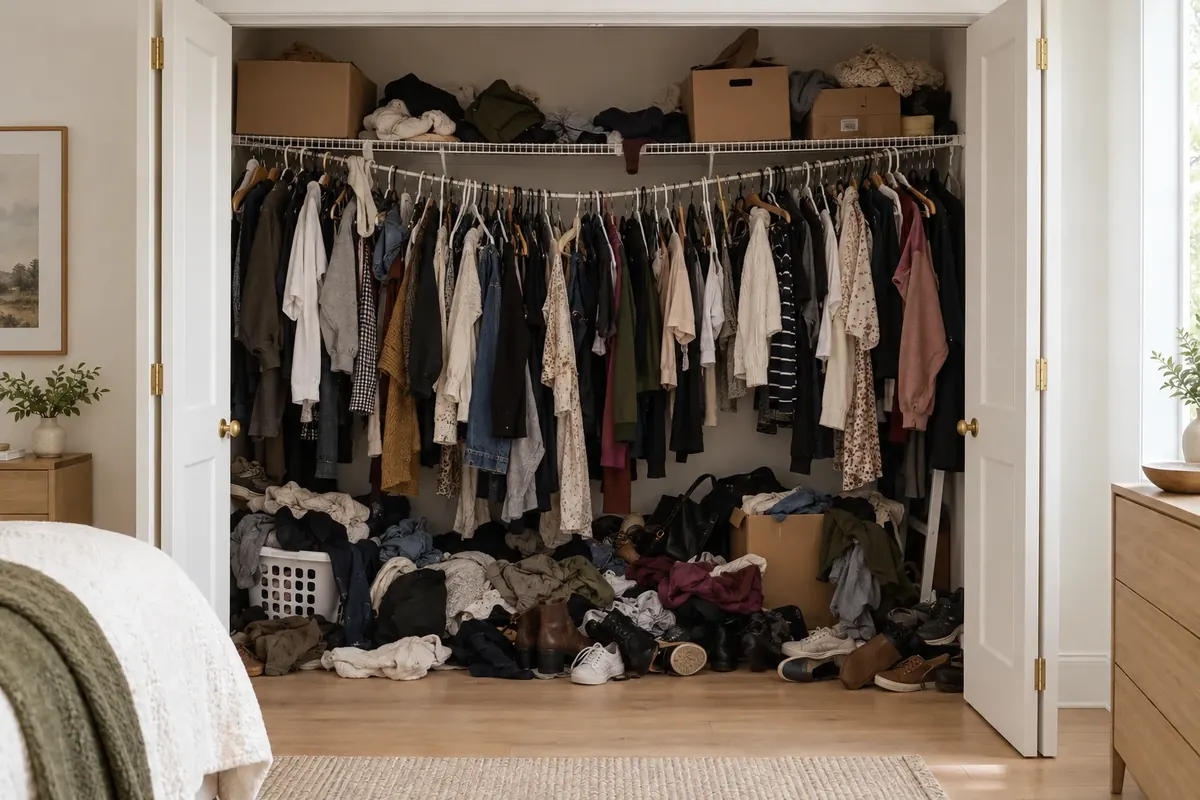 Reach-in closet before and after a custom organization system - before