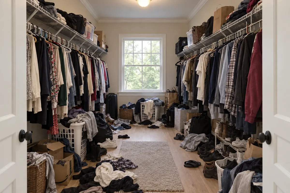 Walk-in closet before and after a custom closet design - before