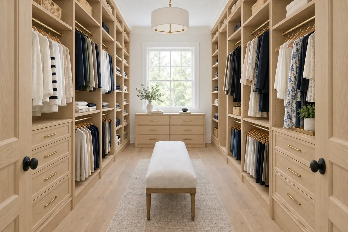 The same custom walk-in closet in Natural Oak