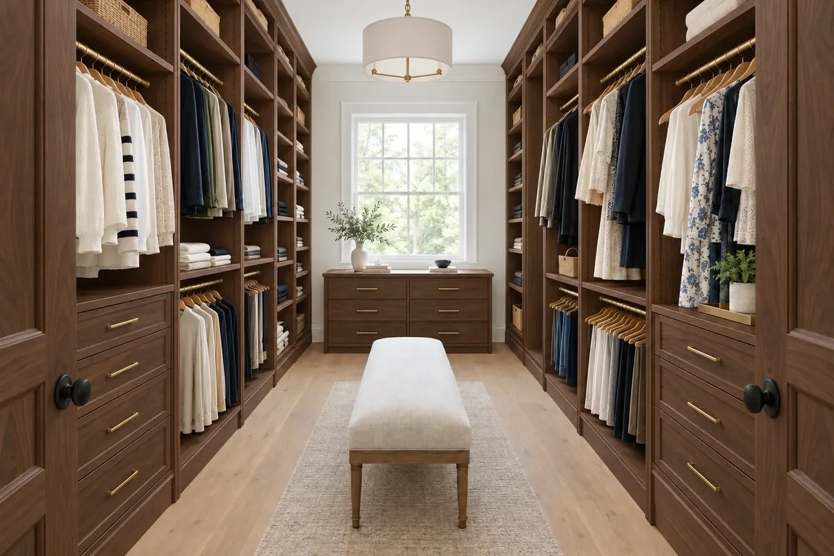 The same custom walk-in closet in Dark Walnut