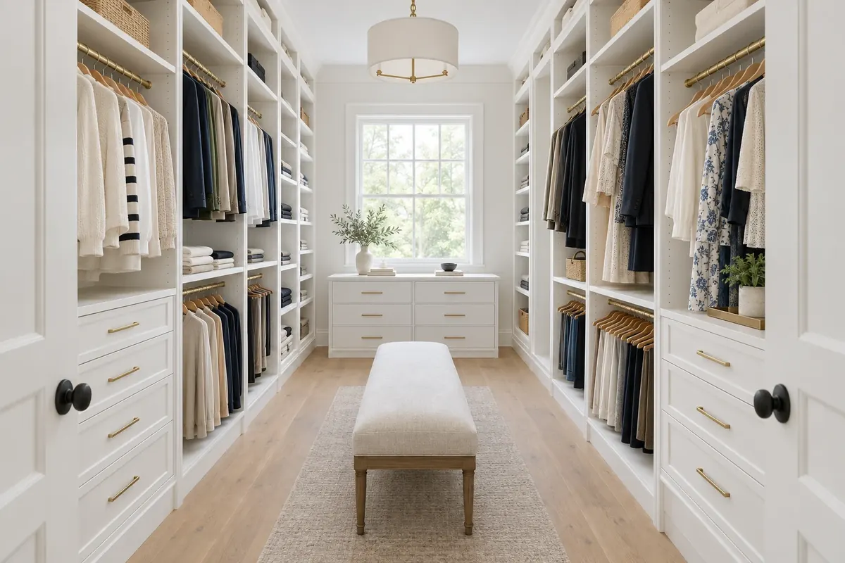 Custom white walk-in closet with brass hardware
