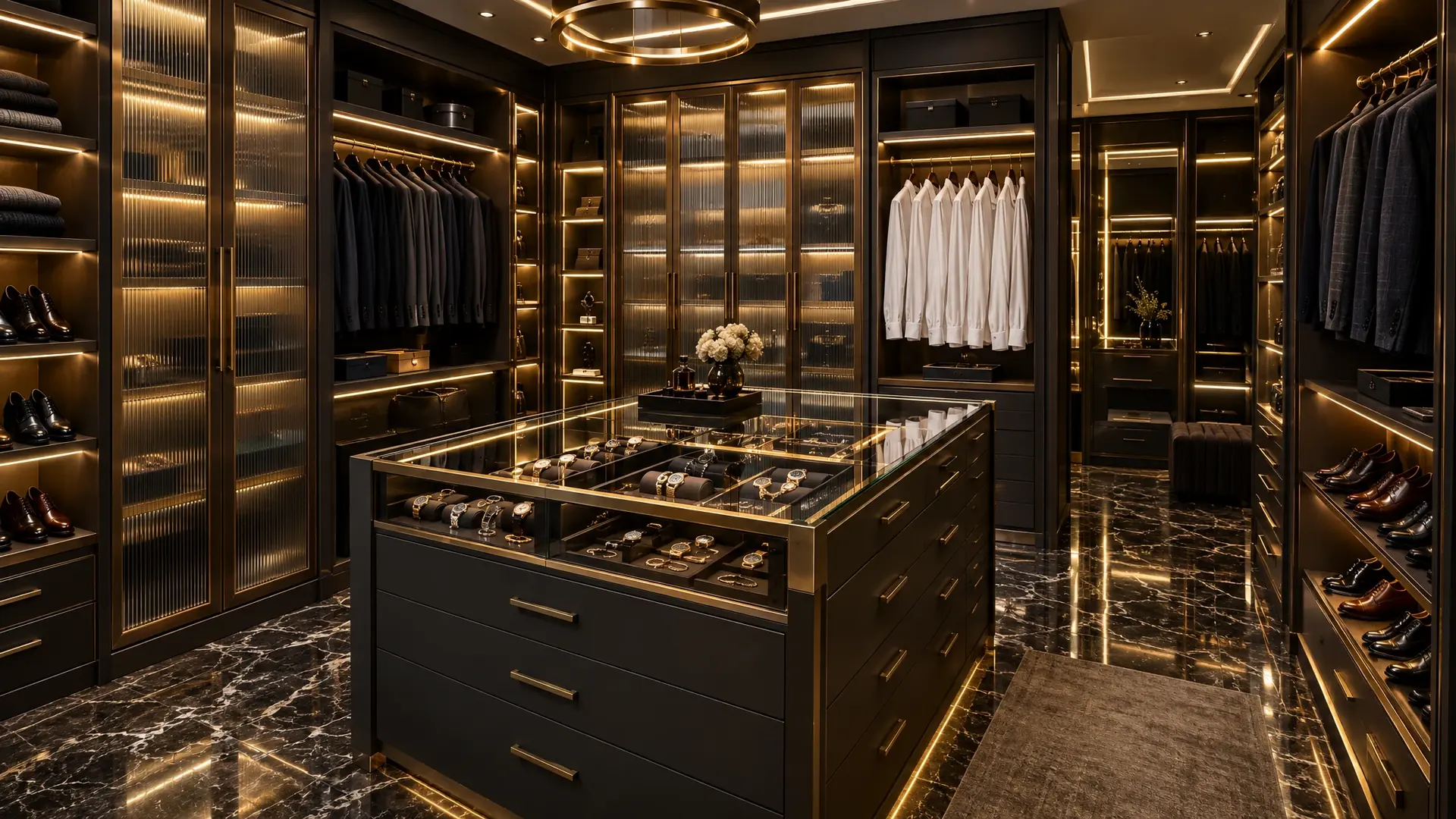 Charcoal dressing room with fluted glass doors, brass trim and a lit jewelry island