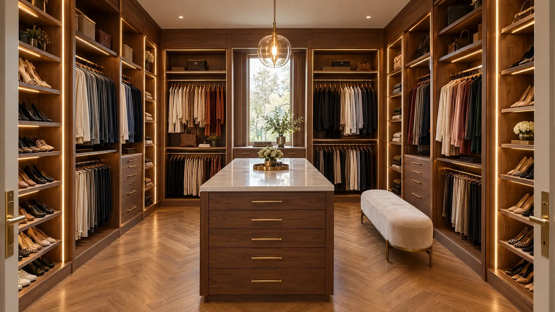 Warm walnut walk-in closet with brass hardware, a quartz island and glowing LED shelving