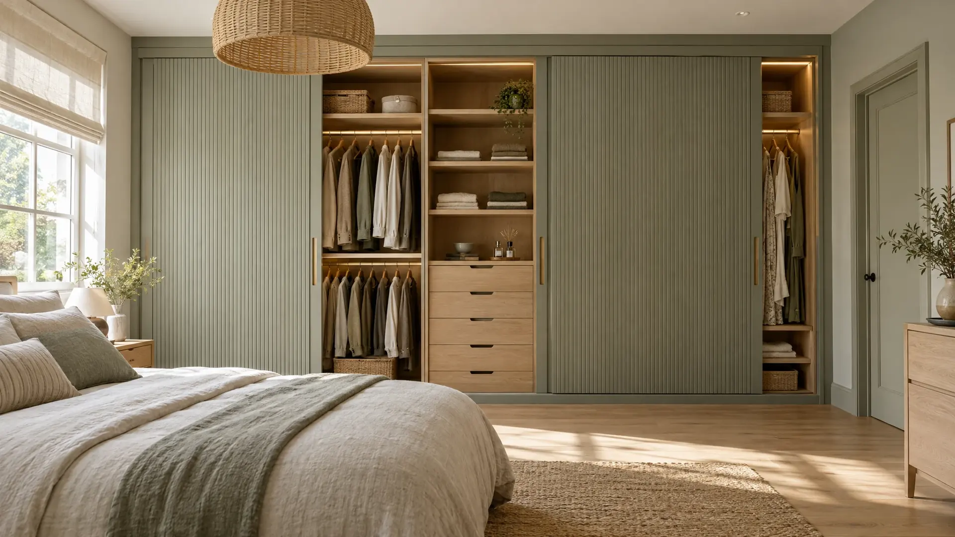 Sage and oak built-in wardrobe wall with fluted sliding doors in a sunlit bedroom