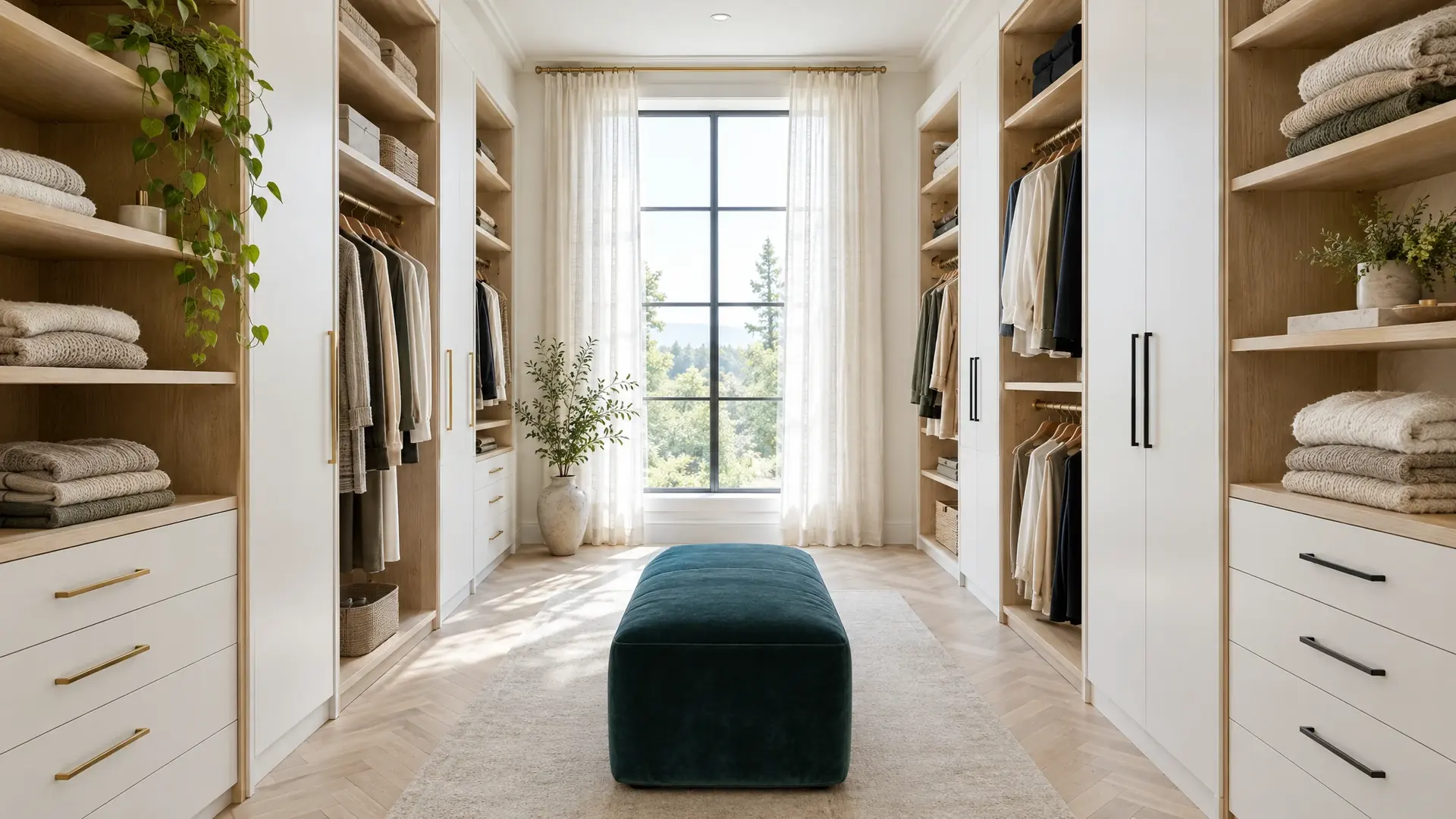 Bright white oak walk-in closet with a teal velvet ottoman and daylight window