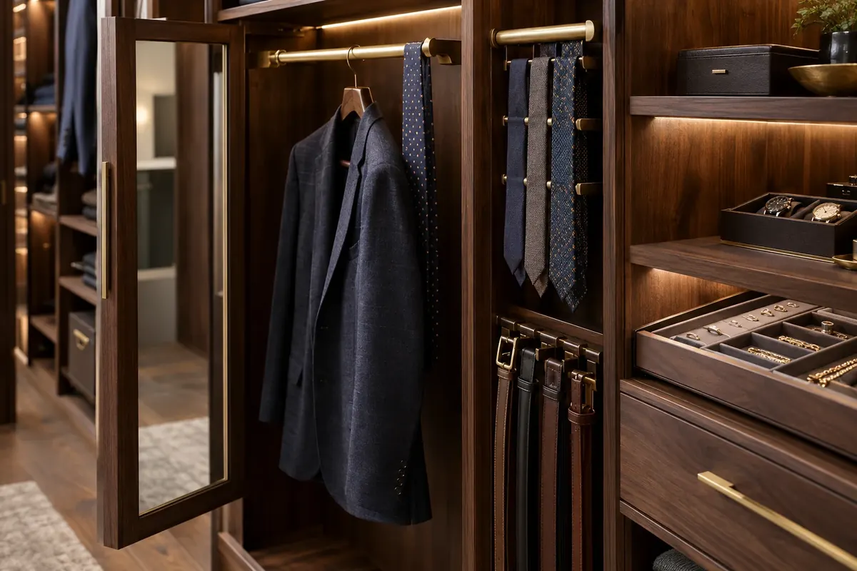 Closet accessories: pull-out mirror, valet rod and jewelry tray