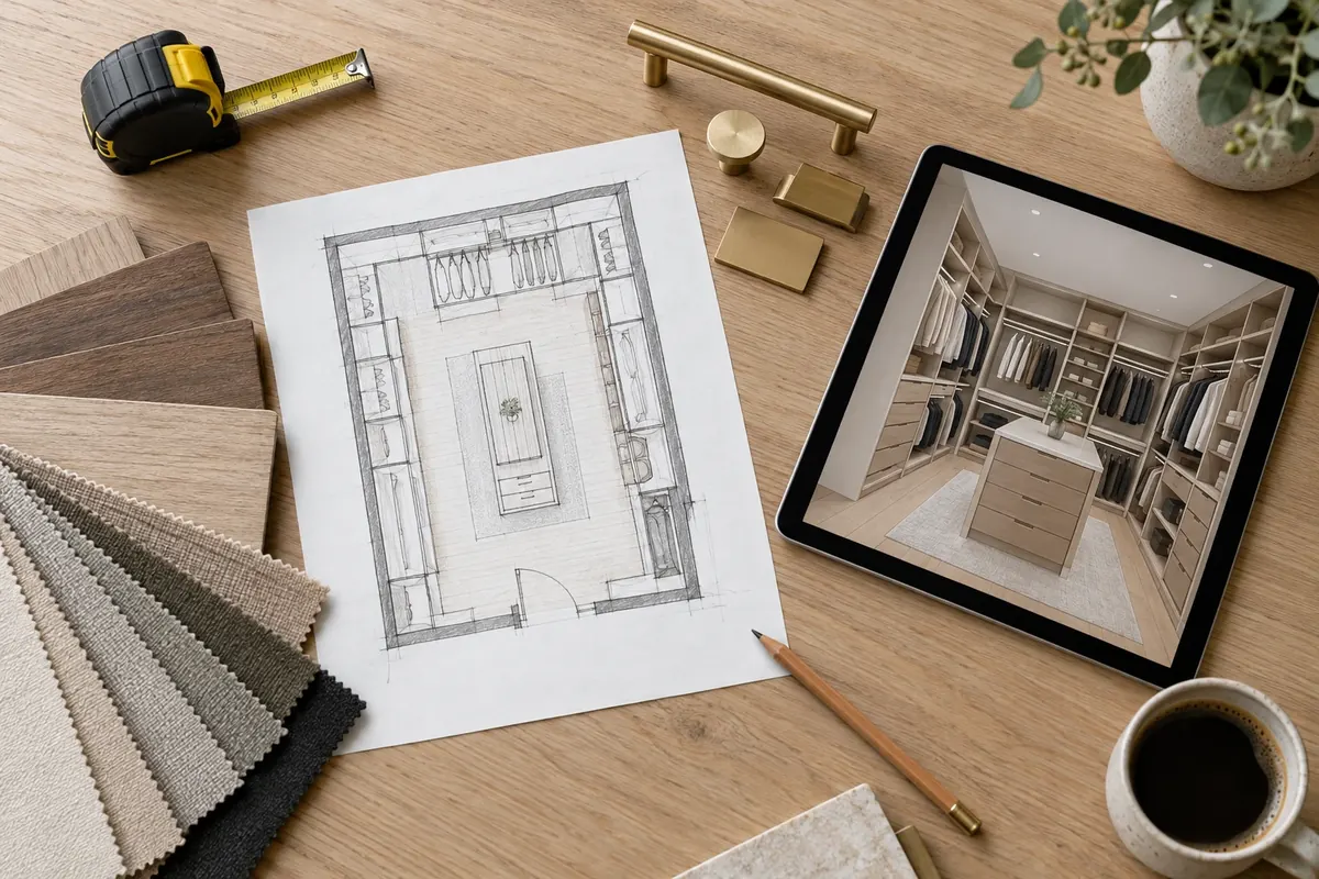 Closet design consultation with a floor plan, finish samples and tablet