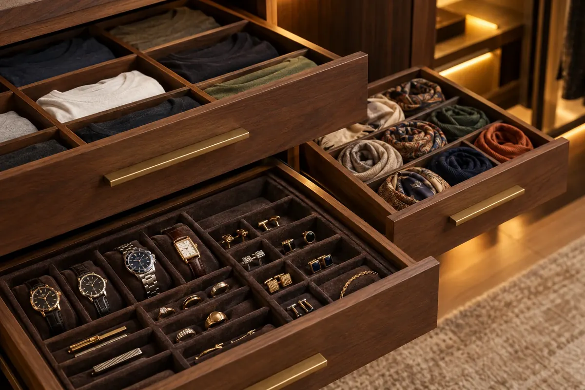 Custom walnut drawers with dividers for folded clothes and jewelry