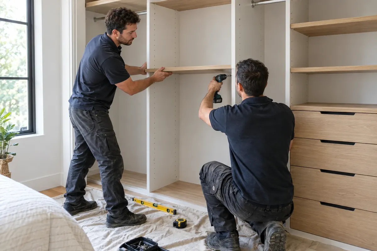 Professional installers assembling a custom closet system