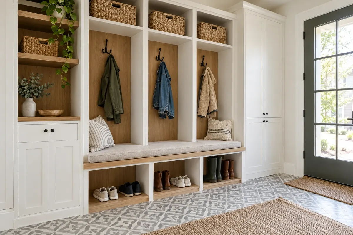 Custom mudroom storage with lockers, bench and hooks