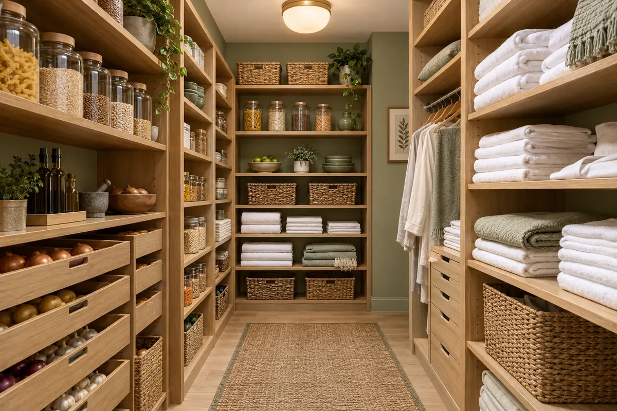 Custom walk-in pantry and linen closet organization