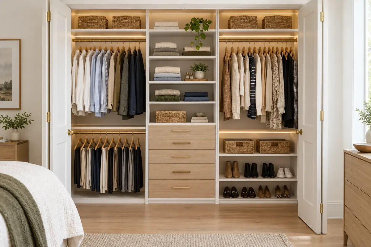Organized reach-in closet with double hanging rods and drawers