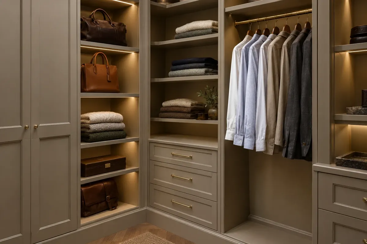 Custom built-in closet cabinetry with warm integrated lighting