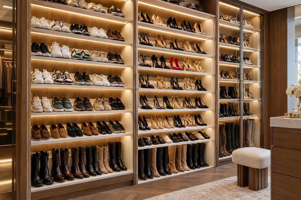 Illuminated shoe storage and display wall in a custom closet